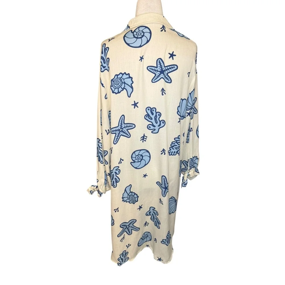 Cupshe Women Cream Blue Nautical Starfish‎ Shell Button Up Cover Up Dress Medium